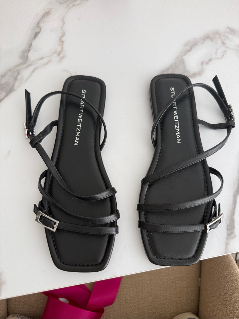 Stuart Weitzman Black Strappy Square-Toe Flat Sandals - Georgie sandals - 8.5